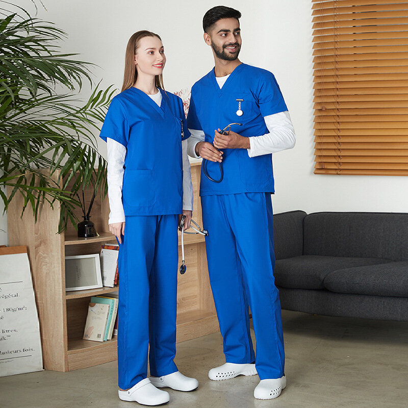 Gaun kerja medis multiwarna atasan lengan pendek + celana set pakaian tangan bedah sikat gaun tangan seragam dokter perawat V-neck