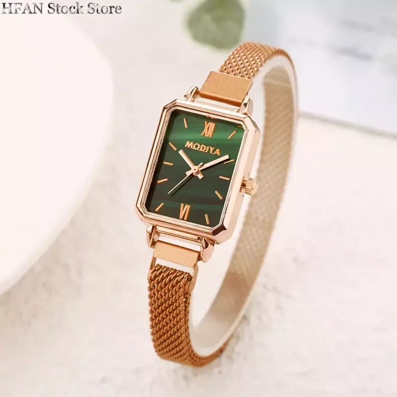 Orologi da donna Fashion Square Ladies Quartz Watch bracciale Set quadrante verde Simple Rose Gold Mesh orologi da donna di lusso