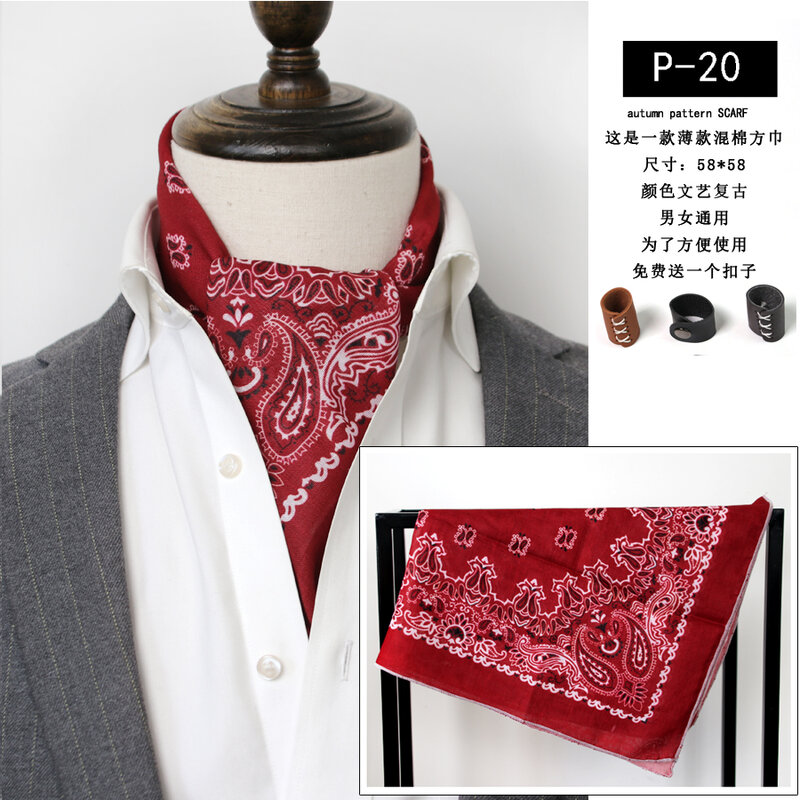 Men's Artistic Youth Korean Suit Shirt Business Scarf Plaid Cotton and Linen British Thin Square Scarf Fashion Wrist Scarf