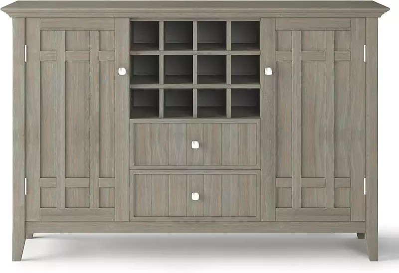 54 inch Rustic Sideboard Buffet in Distressed Grey features 2 Doors,2 Drawers and 2 Cabinets with 12 Bottle Wine Storage Rack