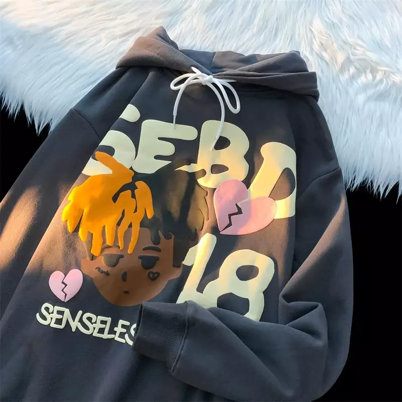 Hip hop desenhos animados carta com coração partido impressão com capuz estudante de alta qualidade solto de pelúcia moda casal casaco goth y2k anime hoodies feminino