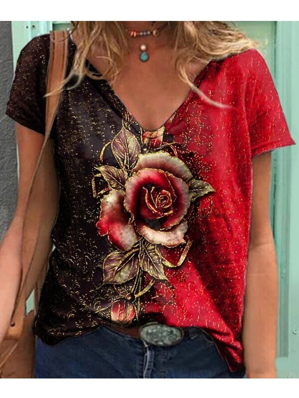 Camiseta estampada con cuello en V para mujer, ropa informal holgada de manga corta con flores, Tops de talla grande con paisaje de plantas, 2023