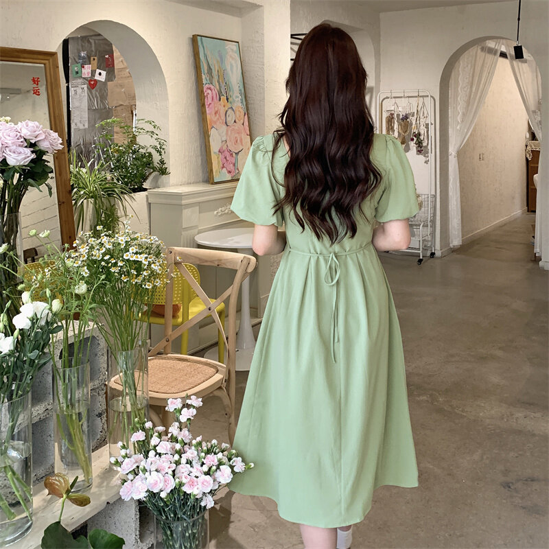 Green Maternity Summer Clothes Fashion Plus Size Pregnant Woman Long Dress Puff Sleeve Ruffle Patchwork Bowknot Pregnancy Dress