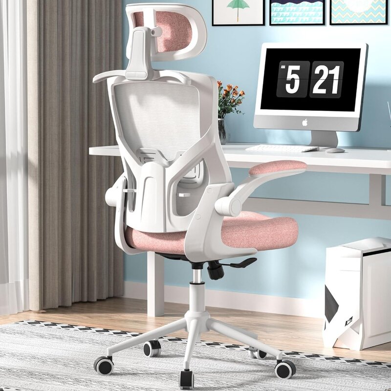 인체공학적 사무실 의자, 두꺼운 성형 폼 쿠션이 있는 하이 백 메쉬 책상 의자, 코트 행어, 조절 가능한 머리 받침대