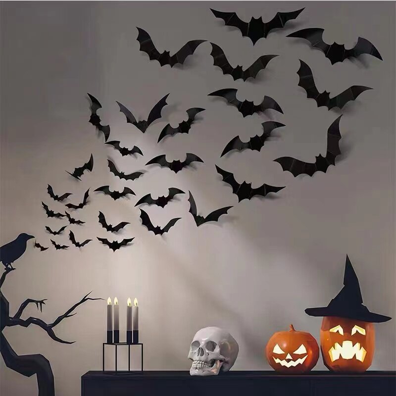 Pegatina de pared de murciélago de Halloween, 12 piezas, 3d pegatina, decoración de Casa Encantada, accesorios de juguete de broma
