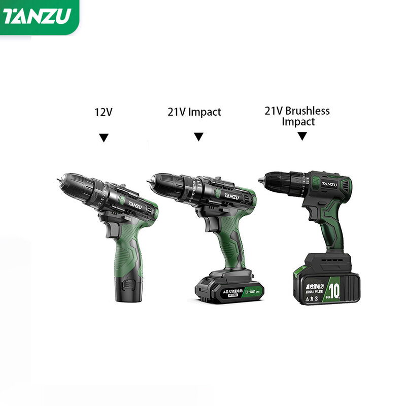 Brushless Electric Drill Impact Cordless Driller 12V/21V Screwdriver Li-ion Battery Adjustable Speed Electric Power Tool TANZU