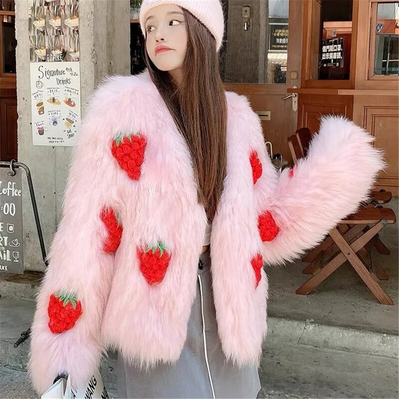 TrendFox Hair Weaving Integrated For Women, Strawberry Sweetheart Loose Fur Coat, Slim Fit, Winter Clothes, New, 2024