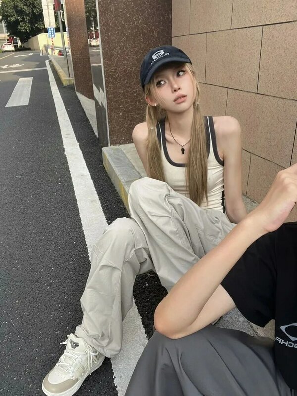 HOUZHOU donna pantaloni Cargo larghi Y2k dritto Casual gamba larga Beige pantaloni paracadute femminile Streetwear moda coreana Harajuku