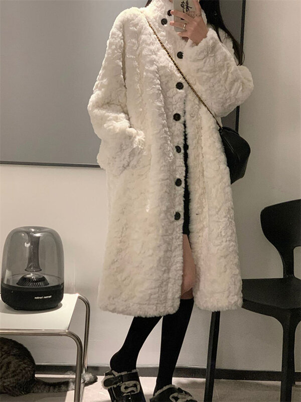 女性用ラムウールのフェイクファージャケット,厚くてミッドレングスのコート,高級品,韓国スタイル,暖かいスタンドカラー,冬