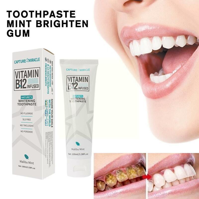 Pasta de dientes blanqueadora con vitamina B12, reparación de encías, cuidado bucal, limpieza, salud, manchas de higiene dental, elimina el aliento de belleza, A2P2