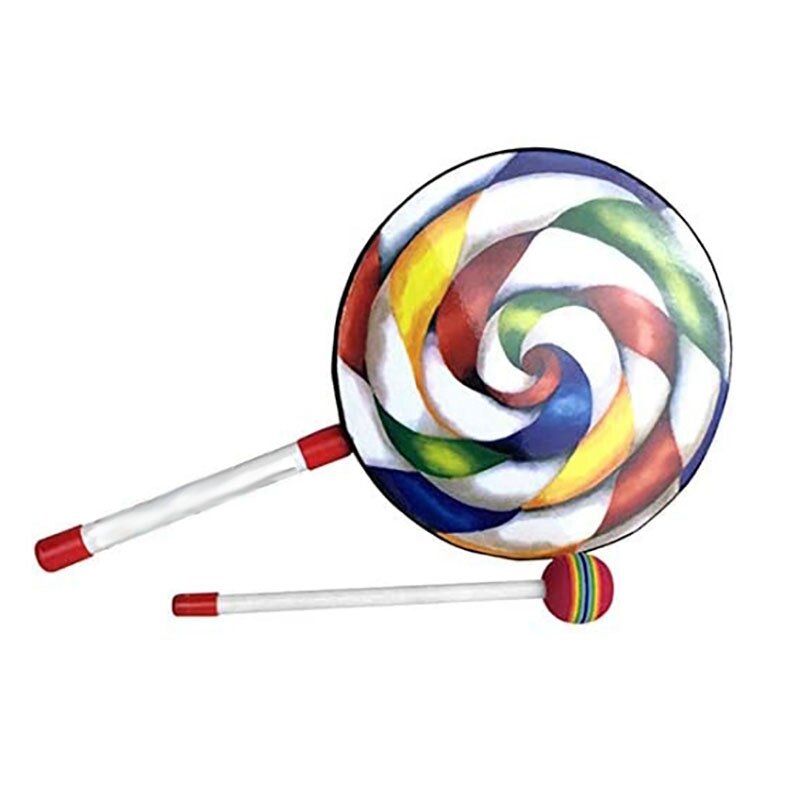 Drum Bentuk Lollipop 8 inci dengan palu, instrumen musik pelangi, mainan anak bayi