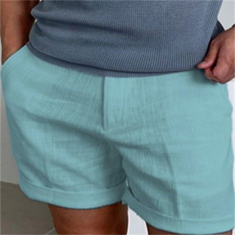 Pantalones cortos de lino para hombre, Shorts informales con bolsillo Diagonal, Color sólido, cómodos, transpirables, para deportes al aire libre
