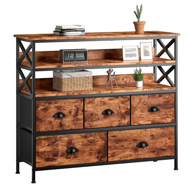 Furniture Dresser with Fabric Drawers with Wood Open Shelves for Bedroom, Living Room, Entryway