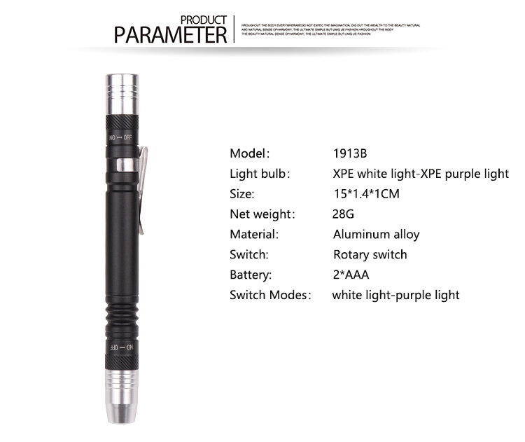 Mini Pen Lanterna UV 2 em 1 Multifuncional 395nm Ultra Violeta Tocha Lanterna Branco Roxo Luz Detector Tocha Uso 2 * AAA