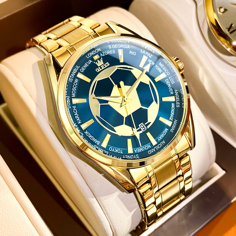 Olevs-メンズクォーツ時計,ステンレス鋼,防水,発光ポインター,ゴールド,ブルー,ファッションブランド,時計