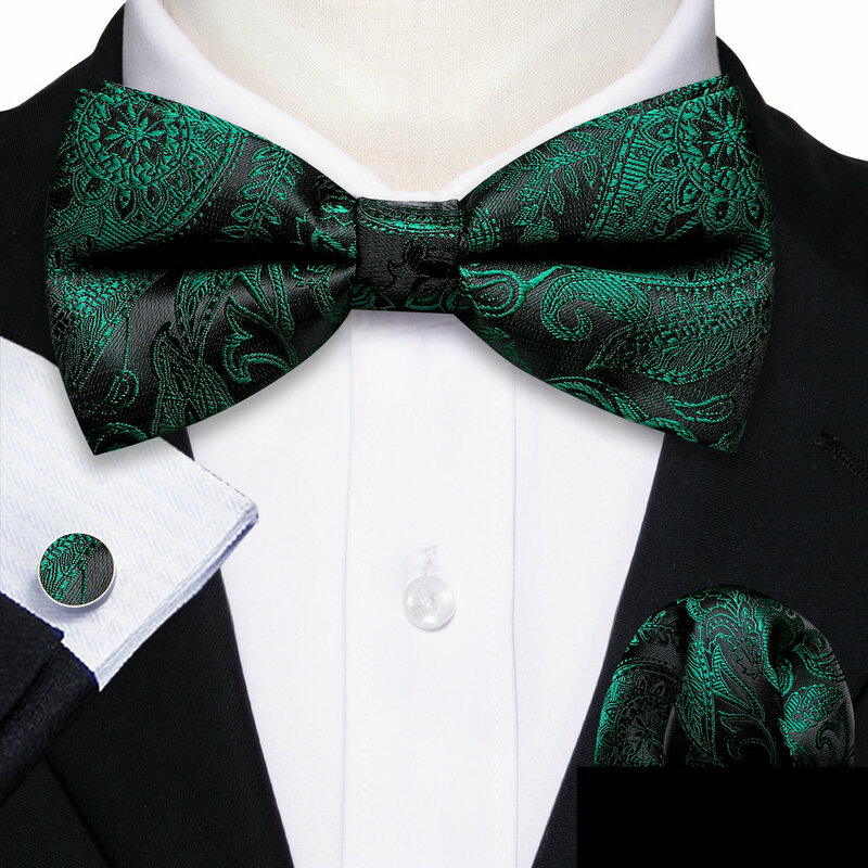 Elegant Green Bowtie For Men Classic Silk Paisley Butterfly Handkerchief Cufflinks Set Groom Wedding Party Designer Barry.Wang