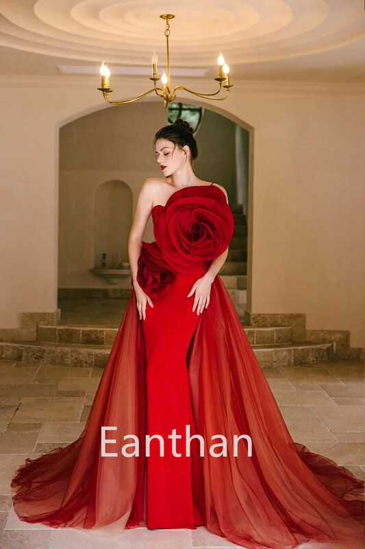 Najnowsze długie suknie wieczorowe syrenki Vestidos bez ramiączek bez rękawów tiulowy czerwona satyna sukienki na przyjęcie długa sukienka na przyjęcie dla kobiet