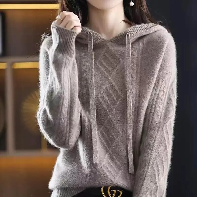 Autumn Winter Vintage Korean Hooded Knitting Sweater Women Long Sleeve Pullover Ladies Sweater Casual Jumper Knit Sweater Lady