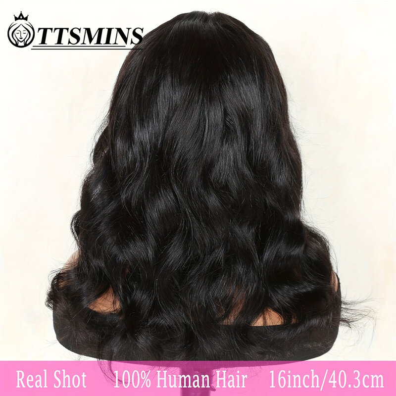 Peluca de cabello humano ondulado para mujer, postizo de encaje frontal con corte Bob, color negro Natural, densidad de 180%, sin pegamento, 13x4