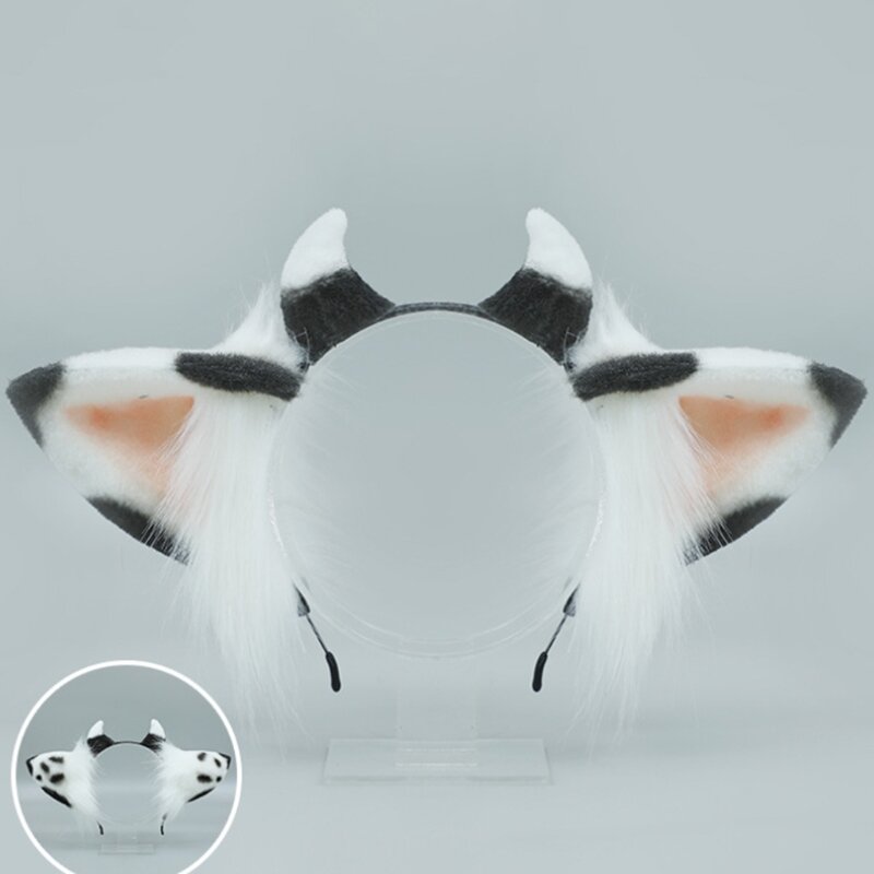 2XPC Diadema con orejas animales peludos con aro vaca dibujos animados, sombreros animales para fiesta
