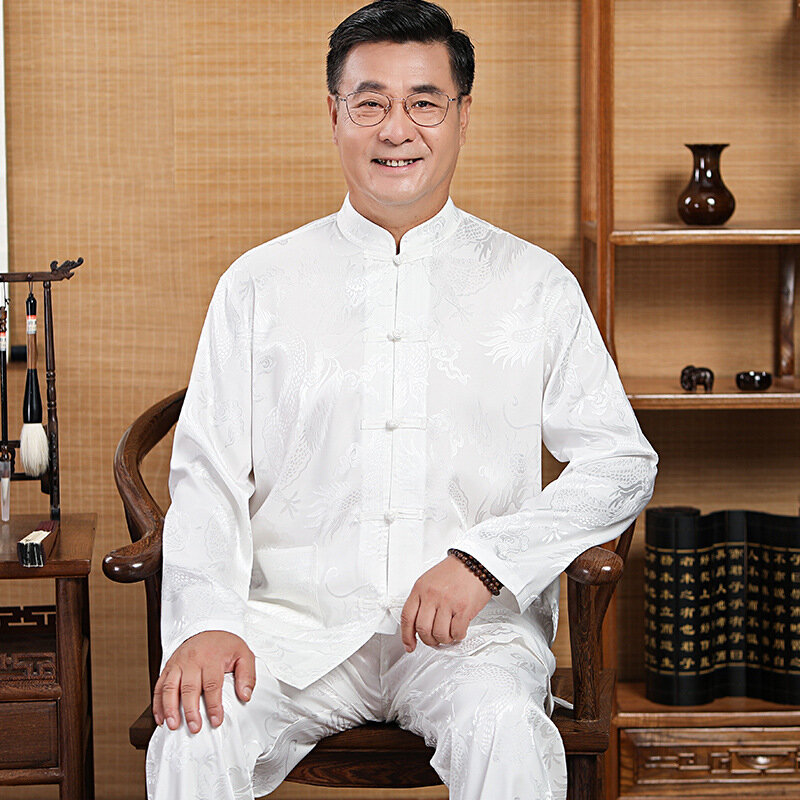 Gorąca wyprzedaż nowa chińska tradycja męska satyna jedwabna Kung Fu strój Tang zestawy bluza z długim rękawem spodni Dragon Wu Shu Tai Chi
