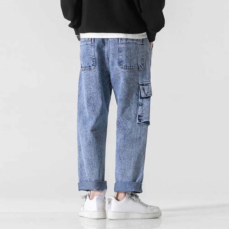 جينز جينز كاجوال للرجال مع خصر برباط مرن ، تصميم بجيوب متعددة لملابس الشارع ، الصيف
