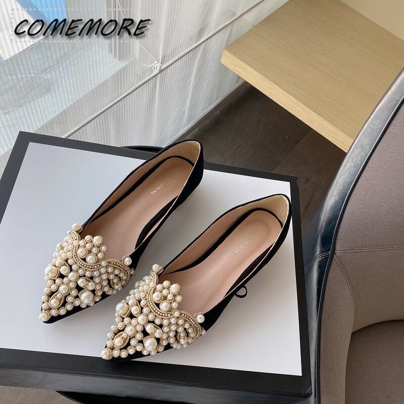 French Vintage Pearl Sandals Pointed Rhinestone Flats Bottom Women's Shoes Shallow Mouth Single Shoes Sandals Luxury Large Size
