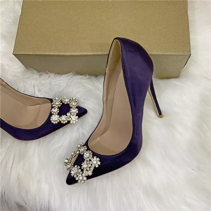 Tacones altos de seda púrpura para mujer, zapatos de fiesta, clubes nocturnos, hebilla cuadrada de diamante brillante, zapatos individuales de satén negro, 12cm