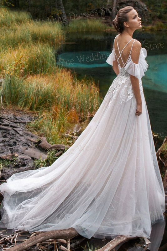 Vestido De novia elegante con hombros descubiertos para mujer, traje moderno con Apliques De encaje y botones, 2024