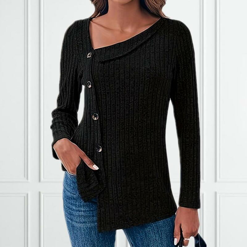 Suéter de punto de manga larga para mujer, Tops irregulares de un solo pecho con botones, cuello inclinado, Color sólido, otoño