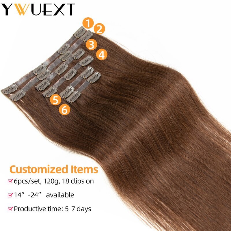 YWUEXT-extensiones de cabello con Clip de PU, cabello humano Real, extensiones de cabello sin costuras Remy, cabello Invisible recto Natural, 14 "-24", 6 piezas por juego