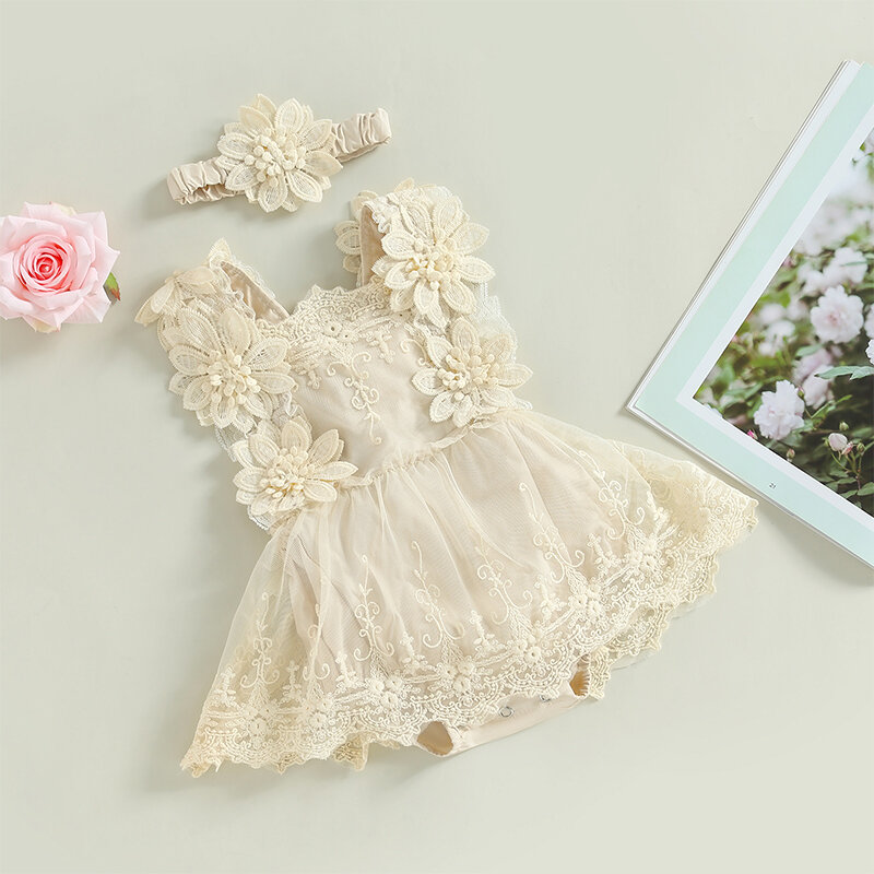 Visgogo-baby girl romper vestido, sem mangas, pescoço quadrado, bordado laço floral, roupa do partido da princesa, roupa headband, verão