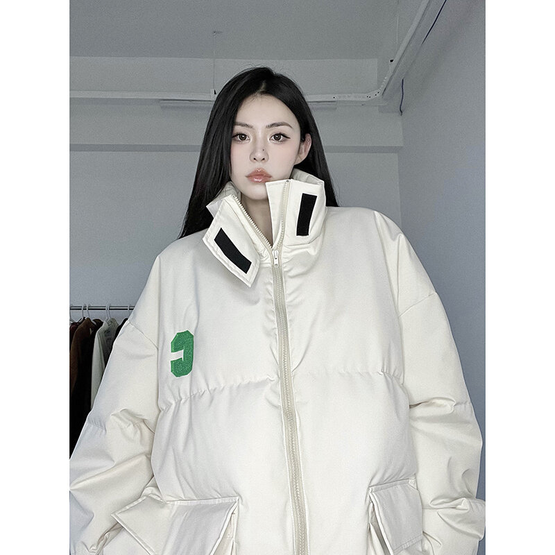 เสื้อโค้ทผ้าฝ้ายเนื้อหนาสำหรับผู้หญิงเสื้อโค้ท MODE Korea คอตั้งลำลองทรงหลวมแนวย้อนยุคสำหรับฤดูหนาว