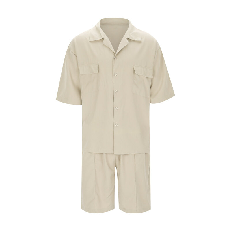 Рубашка и шорты мужские из хлопка и льна, повседневный однотонный комплект из двух предметов, сорочка с коротким рукавом и шорты, пляжная одежда для отдыха
