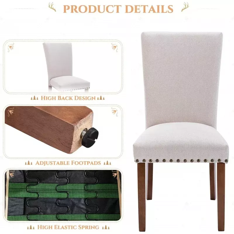 さまざまな布張りの伸縮性のある椅子のセット,6つのアームチェアのセット,ネイルヘッドトリムと木製の脚,ベージュのダイニングルーム用