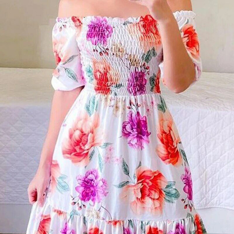 Ladies Elegant Slim Sexy Off The Shoulder Tube Top Dress Butterfly Rainbow Floral Print Dress Summer Bohemian Party Maxi Dresses