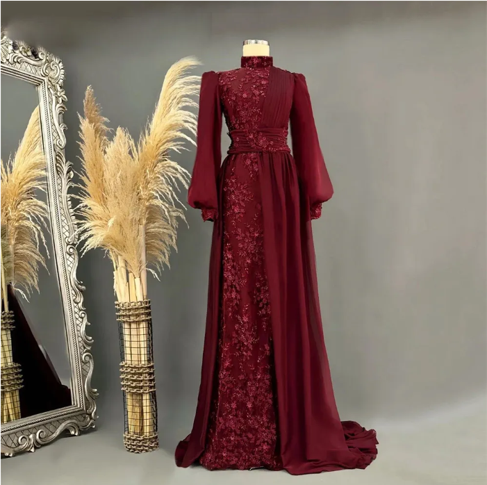Бордовое мусульманское вечернее платье с пышными длинными рукавами, кружевное платье с аппликацией и высоким воротником, шифоновое платье в турецком стиле