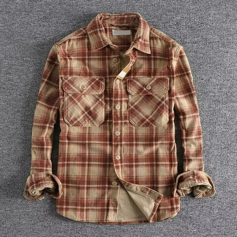 Manteau cardigan imprimé à carreaux pour hommes avec col rabattu, chemise formelle mi-longue pour l'automne, fermeture à simple boutonnage