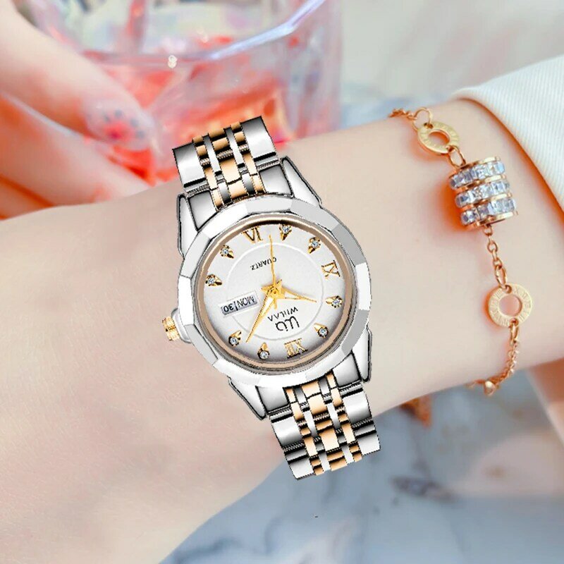 WIILAA-Relojes de pulsera clásicos con fecha de semana para mujer, diseño minimalista, reloj de cuarzo para mujer, oro, acero inoxidable, diamante, marca de lujo