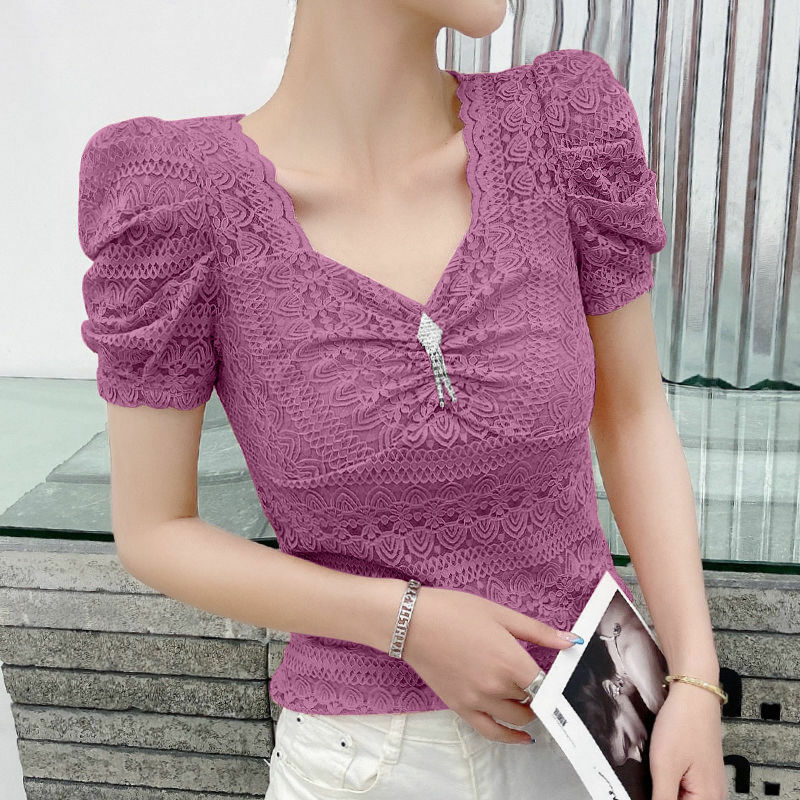 Blouses Women Fashion Summer Korean  Bubble  Sleeve  Embroidery  Hollow  Lady  Casual