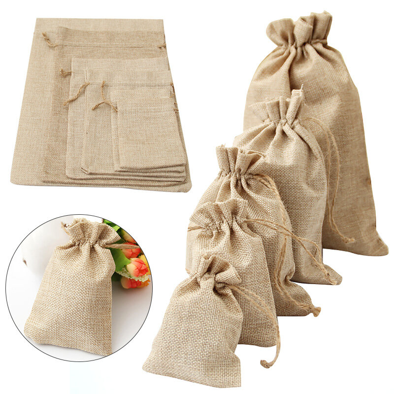 1pc Burlap Linen Drawstring Bag Jute Gift Bag Jewelry Packaging Organizer Storage Bag Party Favor Party Candy Bags