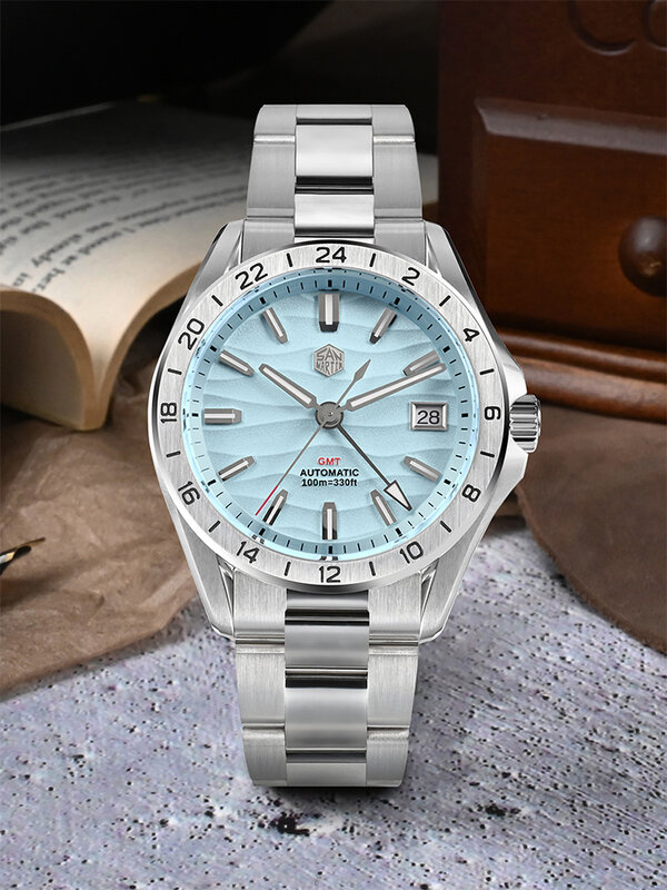 San Martin-relógio luminoso automático, GMT Dress Watch, Luxo Desert Dune Dial, AR revestido Sapphire, 39mm, NH34, 100m à prova d'água, SN0129-2