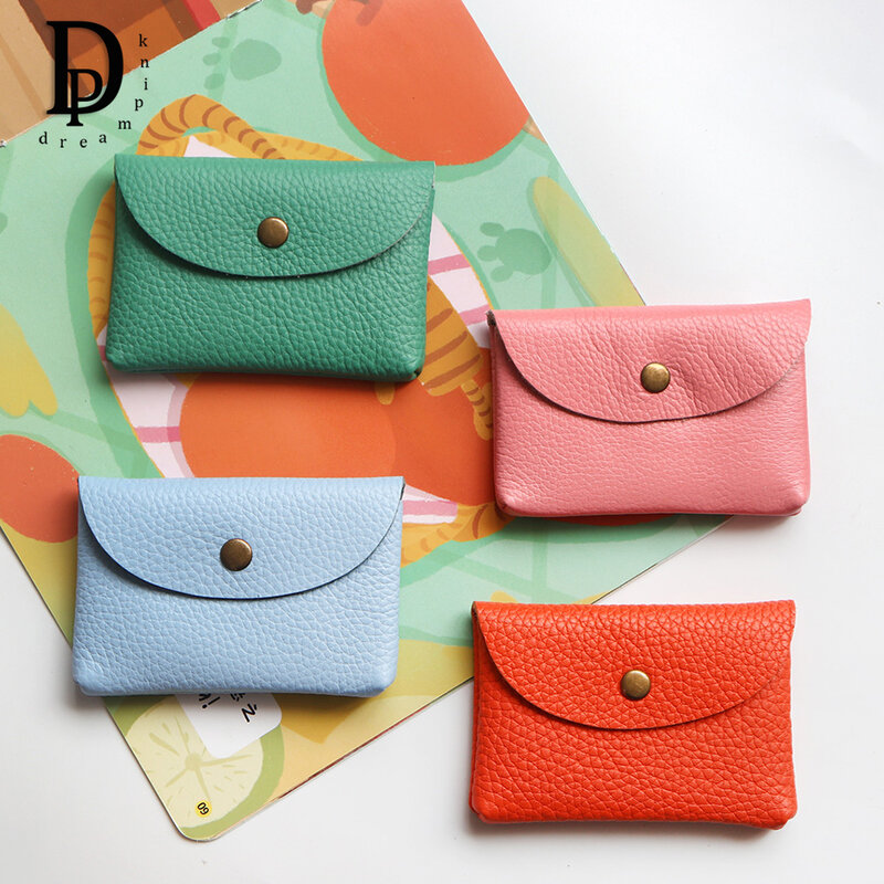 Simple Genuine Leather Coin Purse Multiple Colorful Mini Envelope Bag Flap Cover Name Card Holder Small Pocket Wallet Money Bag