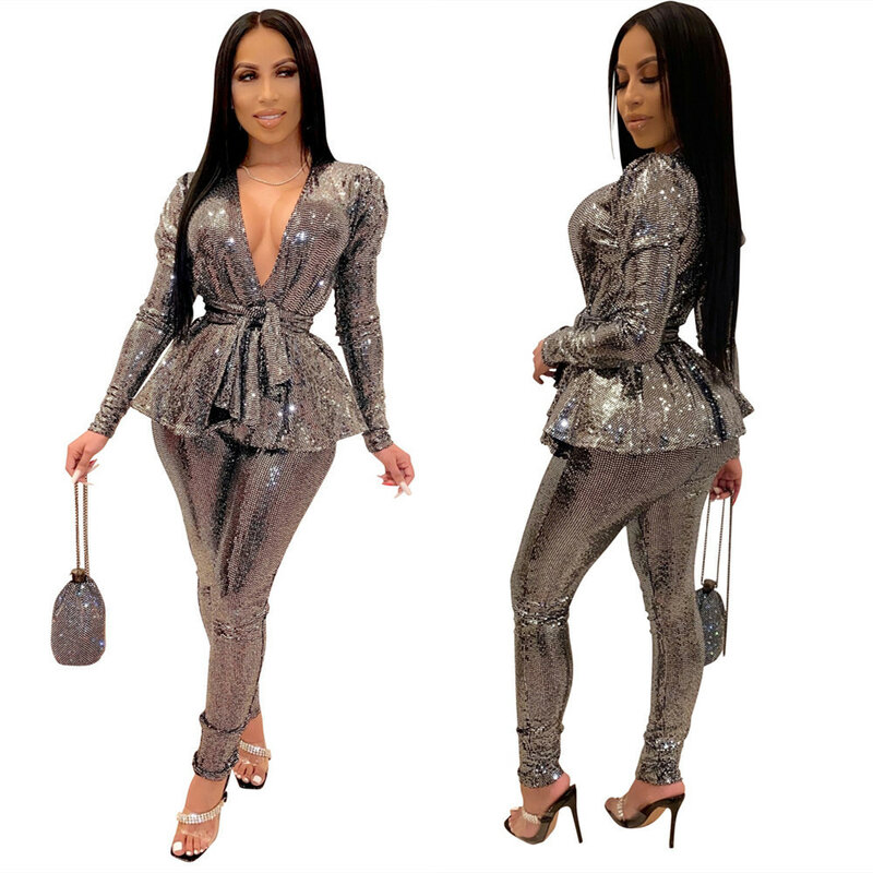 Комплект из двух предметов для женщин, Топ с длинным рукавом и V-образным вырезом и африканские брюки, весна-осень 2023
