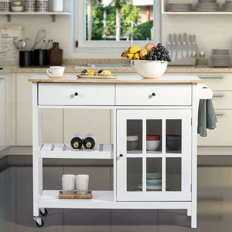 ChooChoo Rolling Kitchen Island, Portable Kitchen Cart Wood Top Kitchen Trolley with Drawers and Glass Door Cabinet, Wine Shelf,