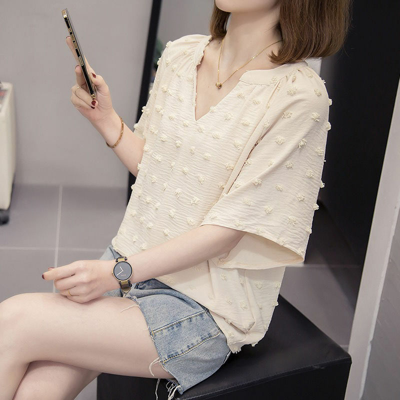Fashion V-Neck Folds Solid Color Casual Flare Sleeve Blouses Women Clothing 2024 Summer New Loose All-match Tops Commuter Shirts