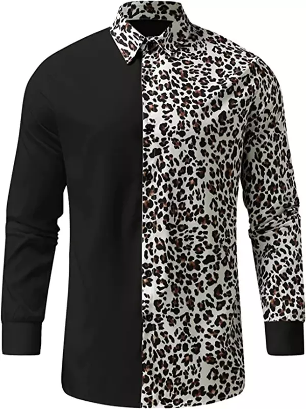 Новинка 2023, модная мужская Повседневная рубашка в стиле ретро с леопардовым принтом, на пуговицах, с длинным рукавом, цвет черный/белый, Леопардовый