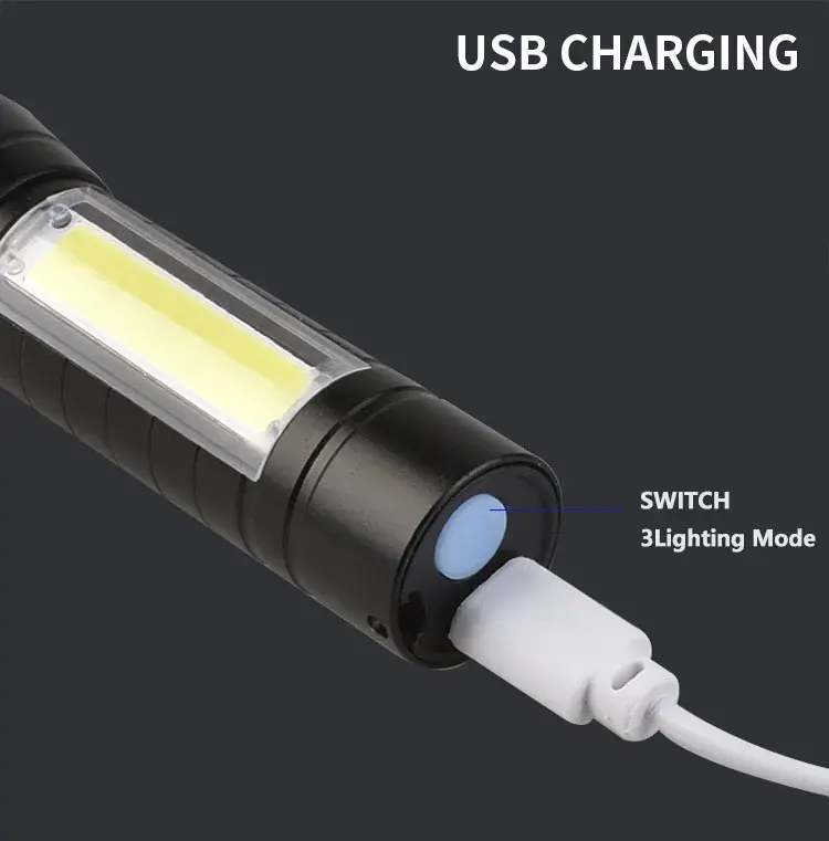 Lanterna LED recarregável USB portátil, COB + XPE, bateria embutida, tocha tática, lanternas, 3 modos, luz de trabalho, lanterna de emergência