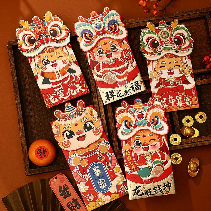 2024 chiński nowy rok czerwone koperty 4 szt. Kreskówka smok rok Hongbao wiosenny festiwal pieniądze kieszenie ślubne szczęśliwe paczki moda