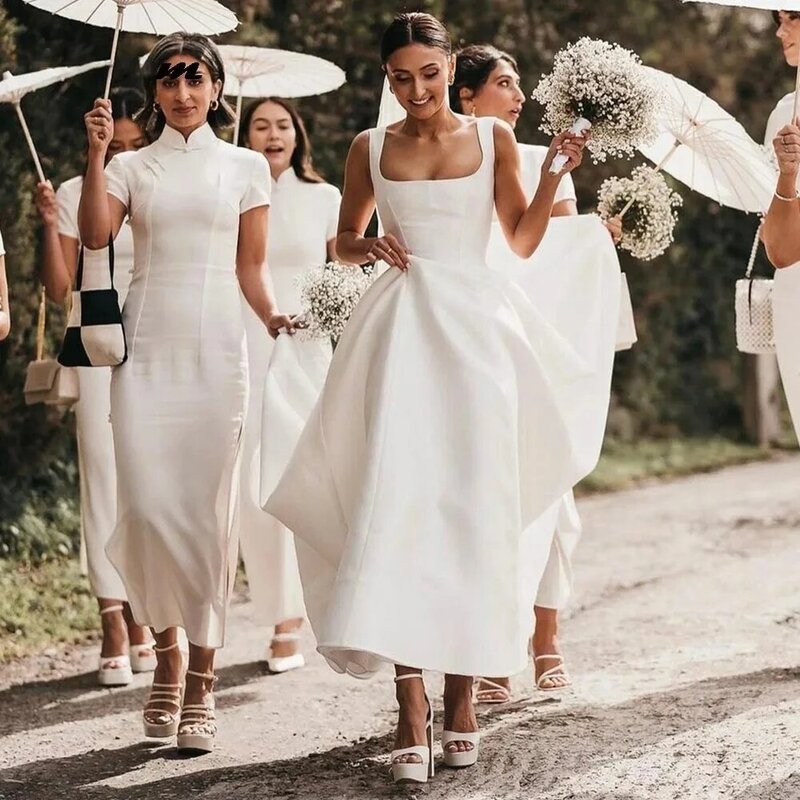 Gaun pernikahan Satin Modern tanpa lengan kerah persegi A-Line gaun pengantin kancing belakang disesuaikan untuk mengukur Robe De Mariee 2024